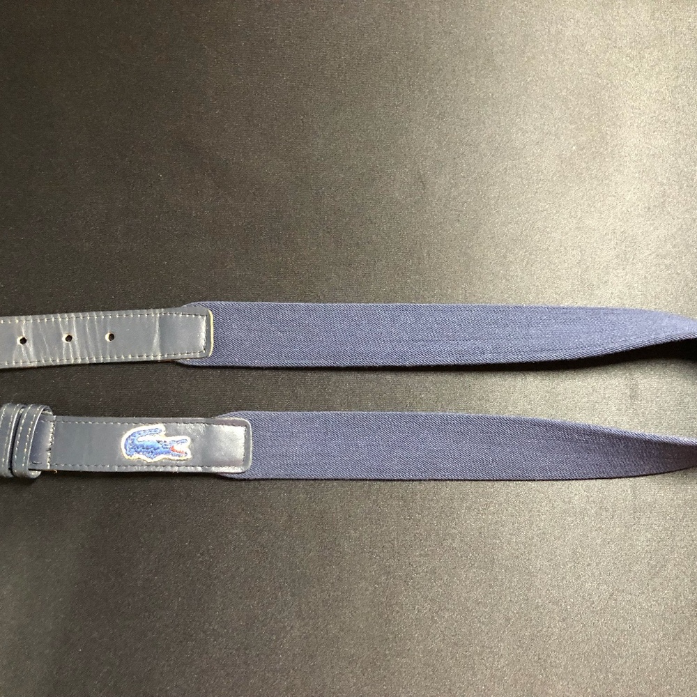 Men's Lacoste Brass Buckle, Brown Leather, & Blue Canvas Belt 30/75 Vintage 80s